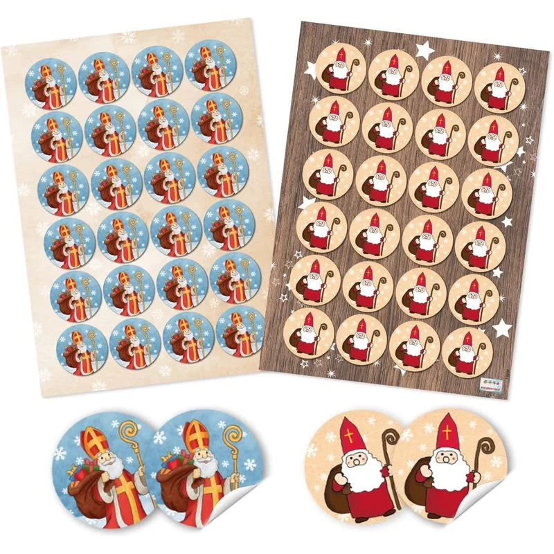 2 x 24 Aufkleber Heiliger Nikolaus rot weiß blau - Ø 4 cm