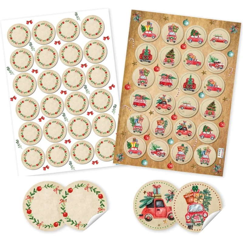 2 x 24 vintage Weihnachtsaufkleber - Weihnachtstruck Sticker + blanko Ø 4 cm