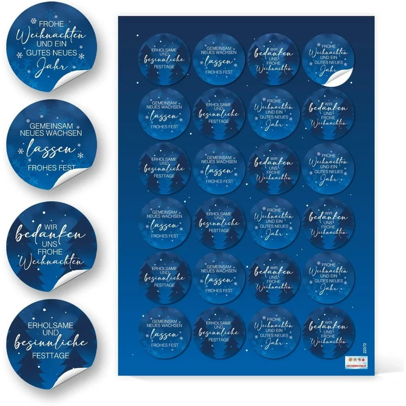 Logbuch-Verlag 24 runde Weihnachtsaufkleber blau weiß Weihnachtsgrüße Firma Shop Business - Weihnachtssticker für Kunden Mitarbeiter Geschenke Ø 4 cm