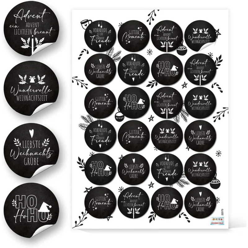 Logbuch-Verlag 24 moderne Weihnachtsaufkleber schwarz weiß - Sticker Weihnachten Weihnachtsgrüße - Verzierung Geschenke Verpackung Ø 4 cm rund