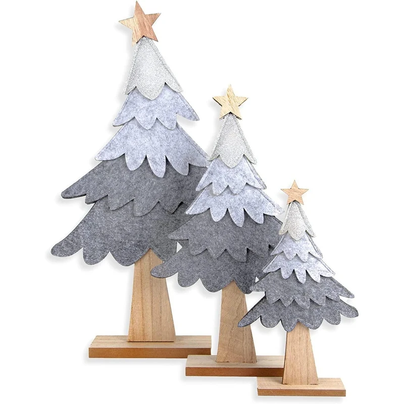 3 großes Weihnachtsdeko Set - Weihnachtsbaum Figuren aus Holz & Filz grau
