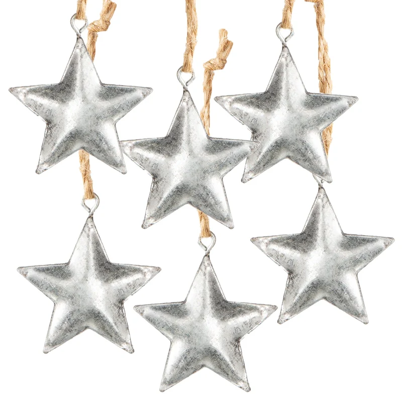 6 silberfarbene Sterne zum Aufhängen - Metallsterne 4 cm