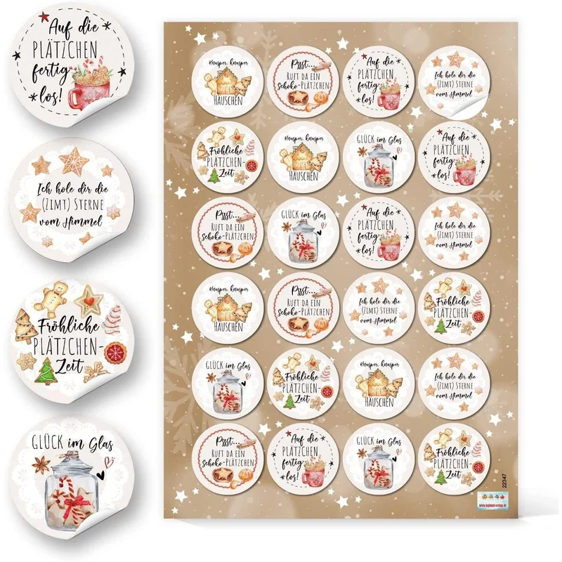 Logbuch-Verlag 24 weihnachtliche Sticker - Plätzchen Gebäck Kekstüten Verzierung - Weihnachtsaufkleber Geschenk Verpackung Ø 4 cm
