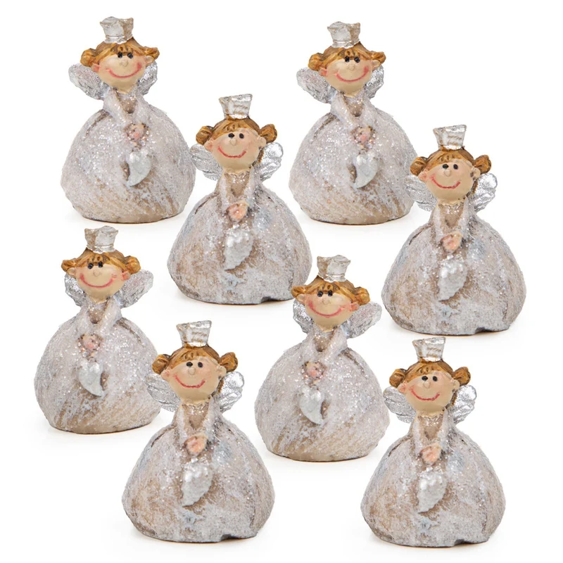 8 Mini Schutzengel Figuren - Engel Miniatur mit Krone 3,5 cm silber