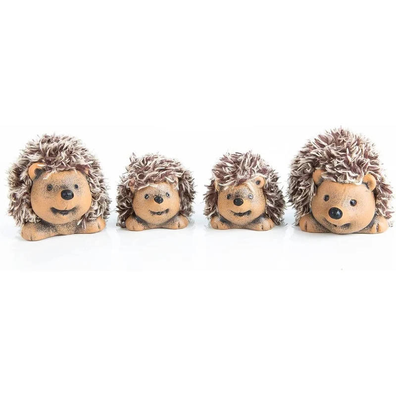 4 kleine Igel Figuren aus Keramik & Kunstfell braun - 8,5-10,5 cm