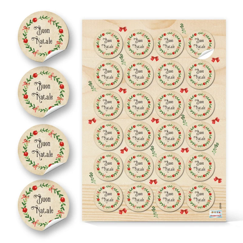 Logbuch-Verlag 96 Buon Natale Aufkleber beige rot grün - Weihnachtsaufkleber italienisch rund Ø 4 cm
