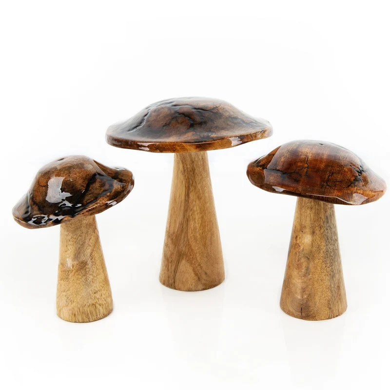 3 Pilz Figuren braun aus Holz emailliert Herbstdeko 15 u. 18 cm