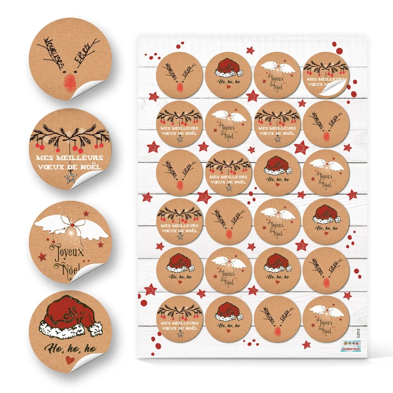 24 Weihnachtssticker Joyeux Noël/Joyeuses Fêtes - Weihnachtsgrüße französisch Ø 4 cm rot braun weiß