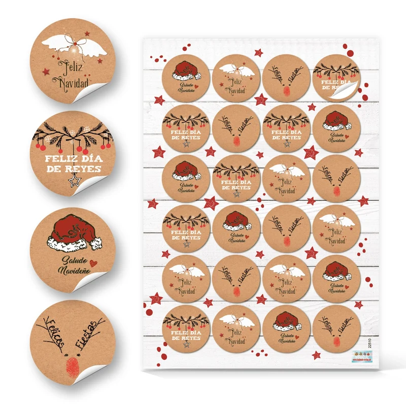 48 Weihnachtssticker spanisch - Weihnachtsgrüße Spanien Feliz Navidad Felices Fiestas Text Ø 4 cm rot braun weiß