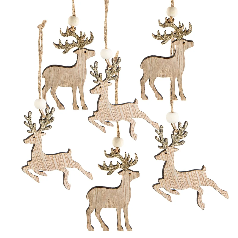 6 Hirsch Rentier Holz Anhänger Weihnachten natur gold 7 cm