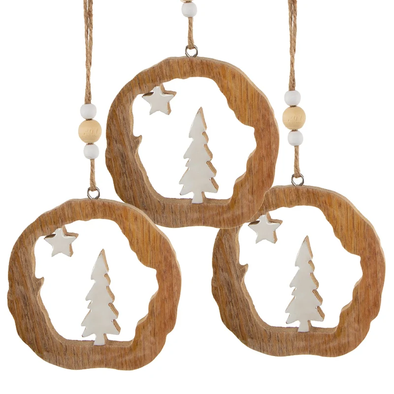 3 Holz Weihnachtsanhänger Baum 8cm braun weiß