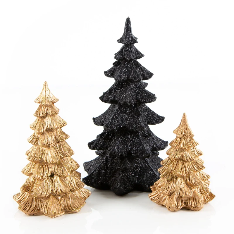 3 Weihnachten Deko Bäume schwarz gold glitzernd 8,5-18 cm