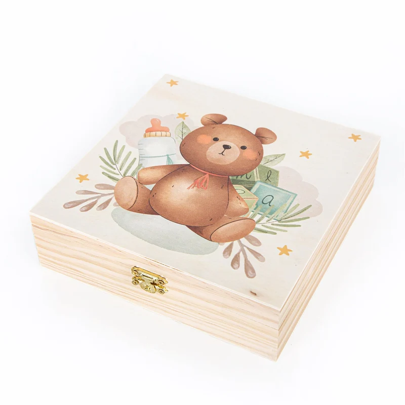 Baby Erinnerungskiste aus Holz Geschenkbox Babyparty 18,5 x 18,5 cm