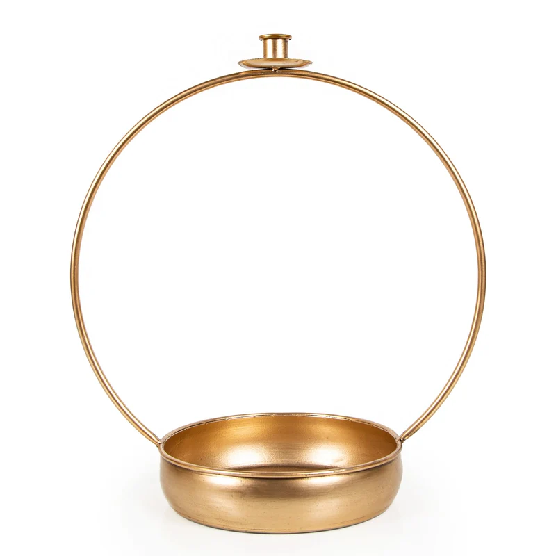 Kerzenhalter für Stabkerzen mit Kranz & Dekoschale Gold 42 cm