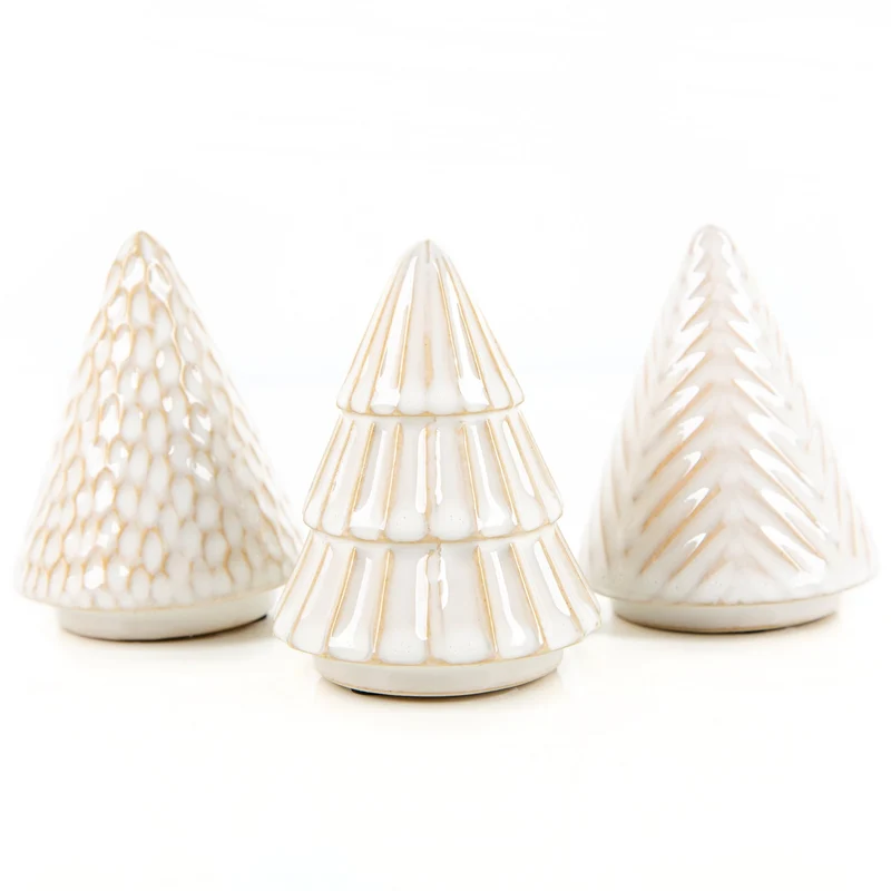 3 kleine Weihnachtsbäume Keramik Creme weiß Weihnachten 10 cm