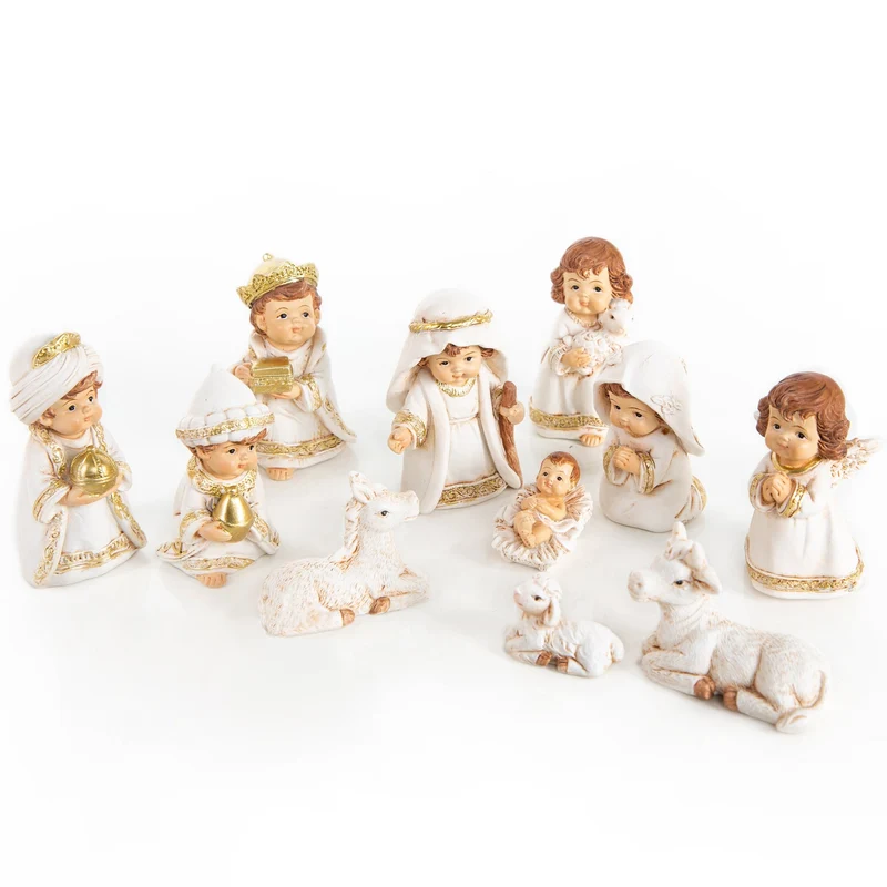 11 Krippenfiguren Weihnachtskrippe kindlich gold weiß edel 7,5 cm