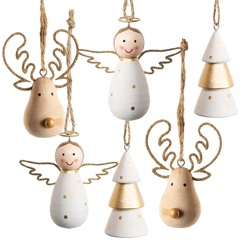 6 Holz Weihnachtsbaumanhänger Engel Baum Rentier 8 cm Gold