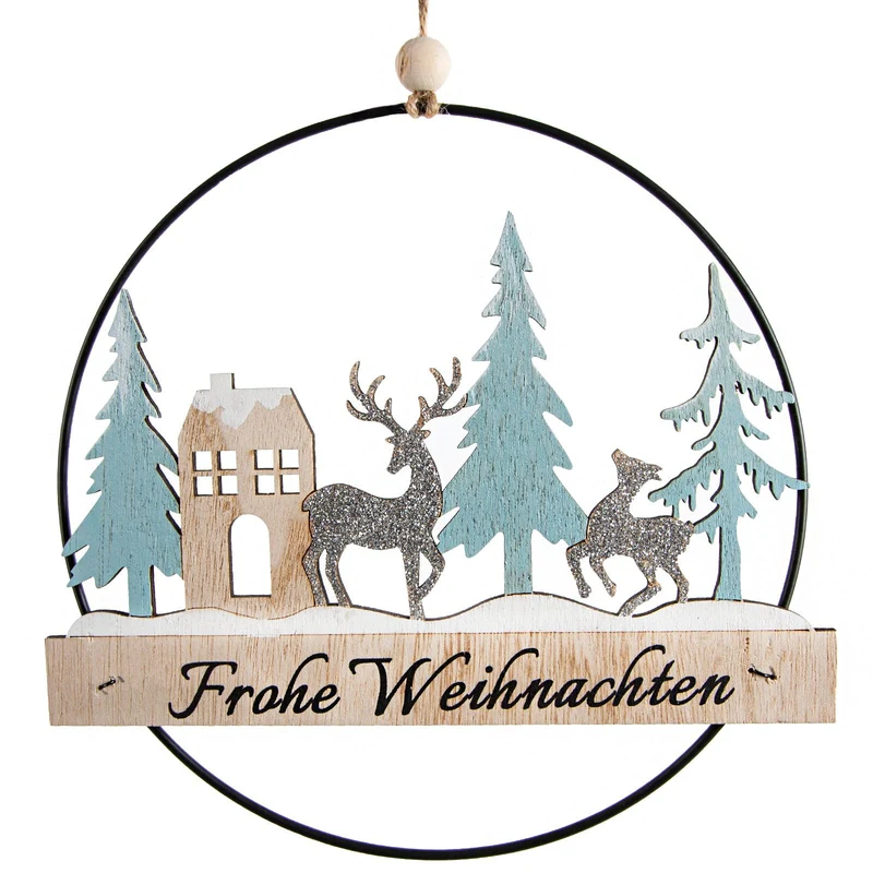 Türkranz aus Holz Frohe Weihnachten Deko Natur hellblau Ø20cm