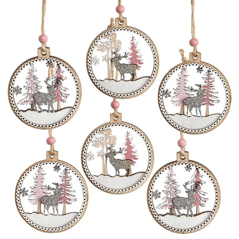 6 Weihnachtsbaumanhänger aus Holz flach rosa weiß Ø 6,5 cm