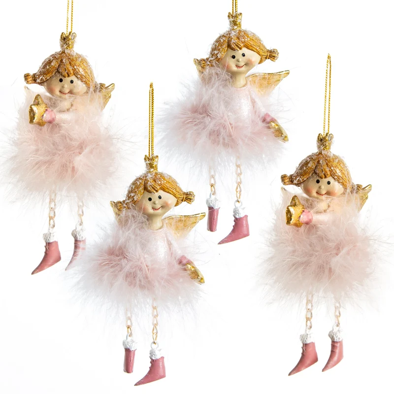 4 rosa Engel mit Federn, Flügeln & Krone Prinzessin Gold 12cm