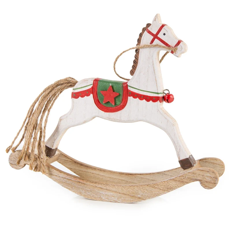 Schaukelpferd Weihnachtsfigur weiß grün Holz Figur Deko 21 cm