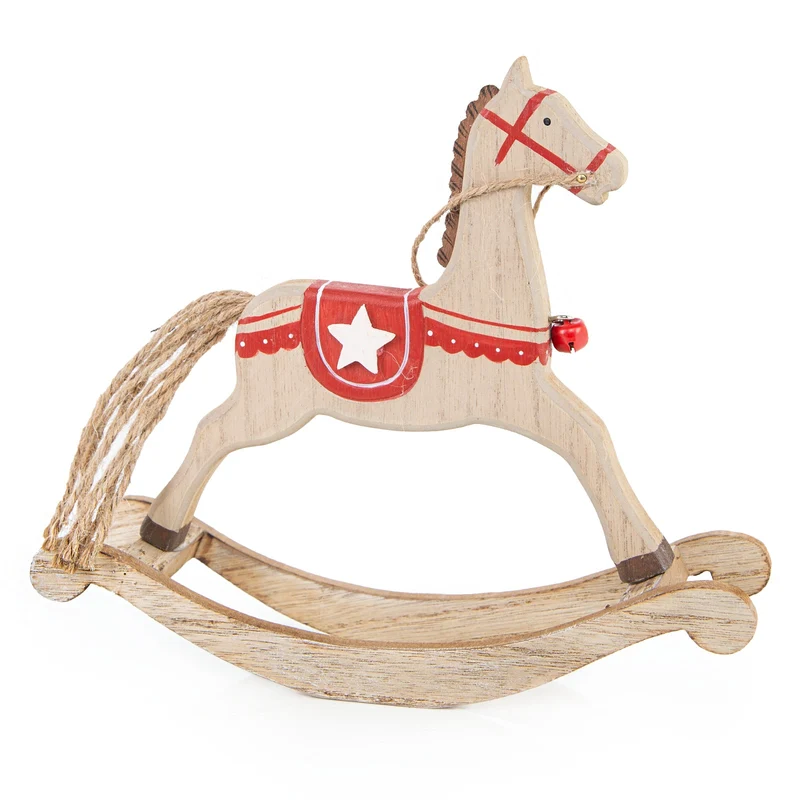 Schaukelpferd Figur aus Holz Natur braun rot Geschenk 21 cm
