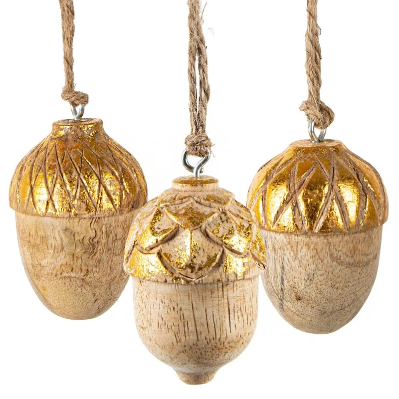 3 Holz Weihnachtsanhänger Eicheln Gold Natur Weihnachten 6 cm