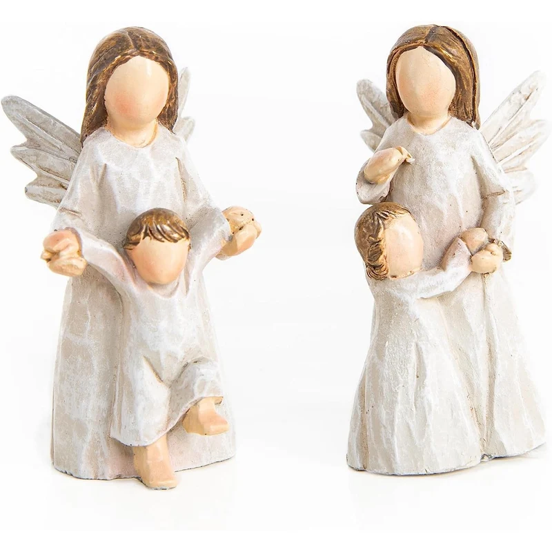 2 Engel Figuren mit Kind neutral beige Schutzengel 6,5 cm