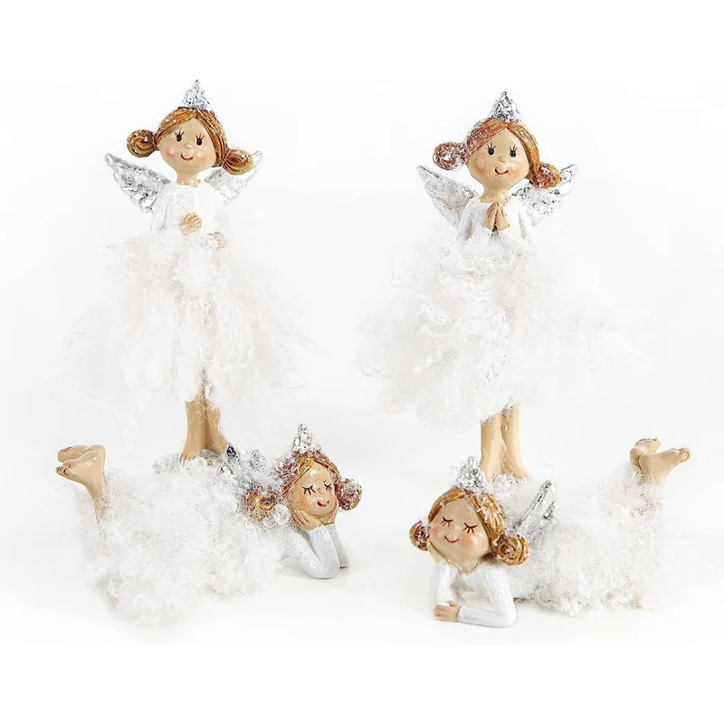 4 glitzernde Weihnachtsengel mit Federn & Krone weiß Silber - Prinzessin Figur 12 cm