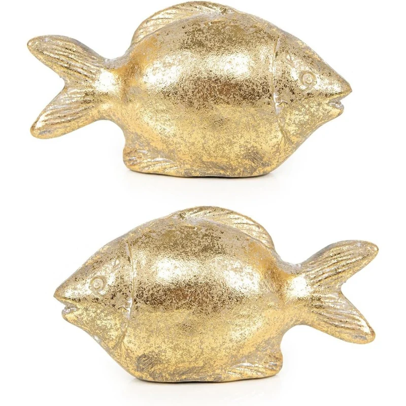 2 Deko-Fische Figuren Vintage in Antik-Gold Terrakotta - Maritime Dekoration 12 cm