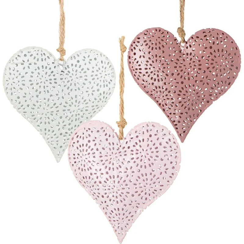 3 Metallherzen Hänger aus Metall rosa weiß Deko - Hochzeitsdekorartion 10 cm
