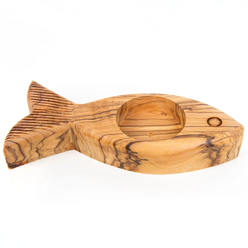 Fisch Teelichthalter aus Olivenholz braun Kommunion 13 cm