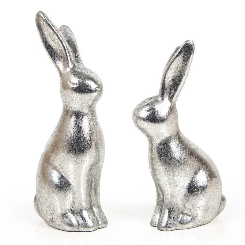 Osterhasen Figuren Silber glänzend aus Keramik Dekoration 14 + 16 cm