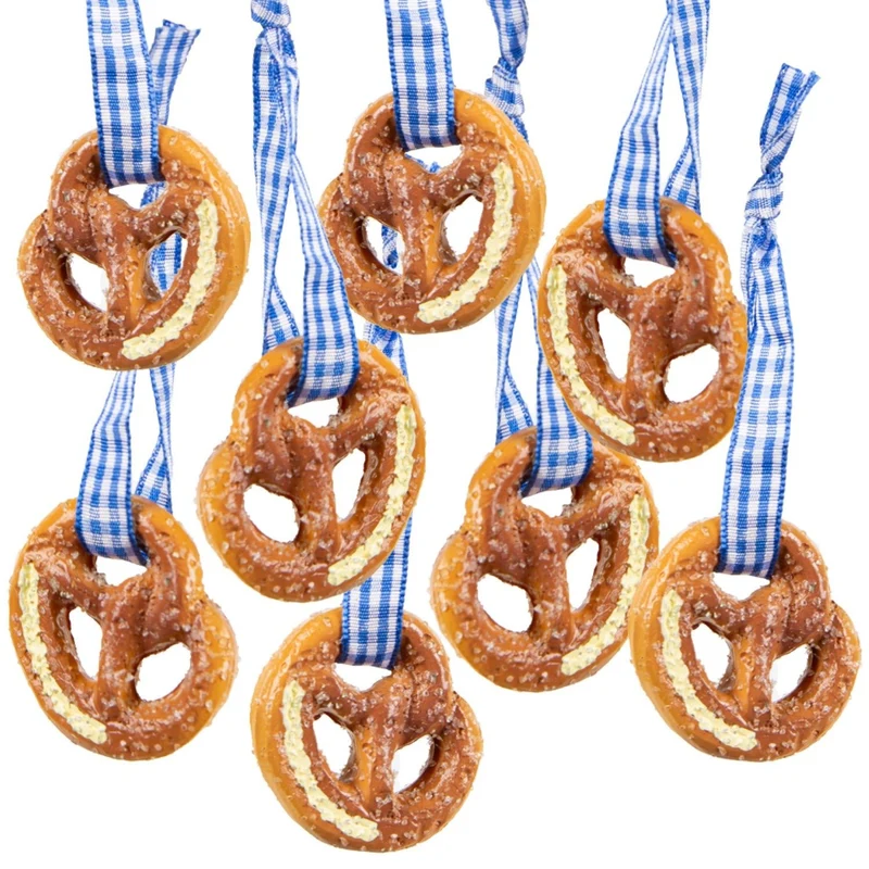 8 kleine Brezeln zum Aufhängen blau weiß künstlich Oktoberfest Bayern 4 cm