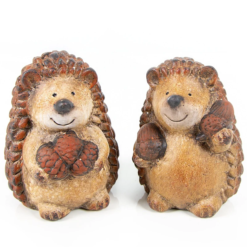 2 Igel Figuren Herbst Deko zum Hinstellen Terrakotta Igelpaar braun 12,5 cm