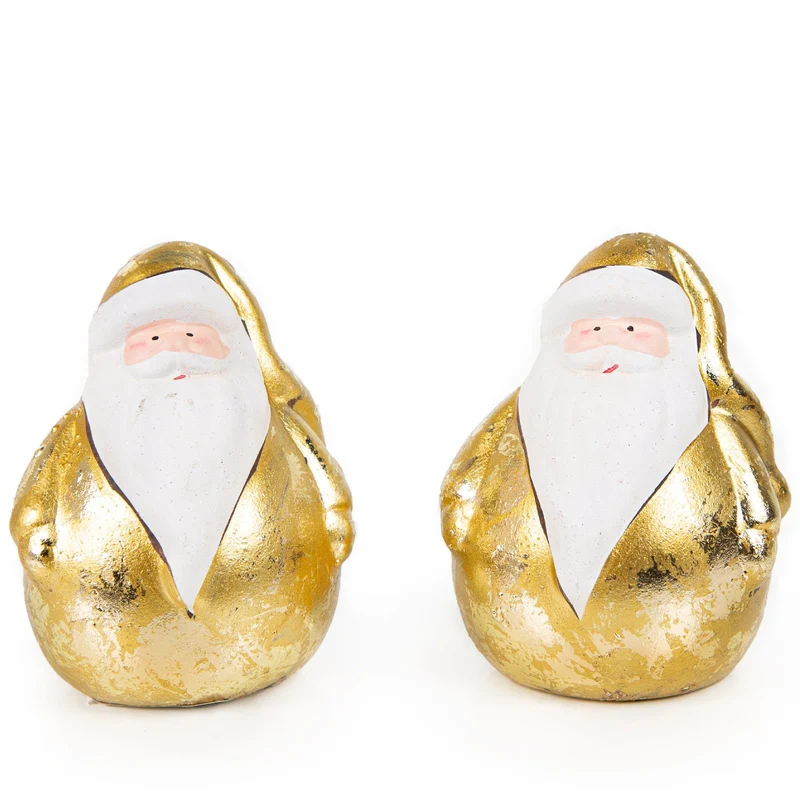 2 Santa Claus Weihnachtsmann Figuren Gold weiß Keramik Dekoration 9 cm