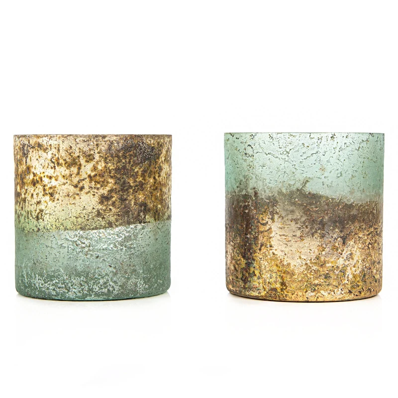 2 Teelichtgläser Kerzenhalter aus Glas grün Gold Vintage 8 x 8 x 8 cm