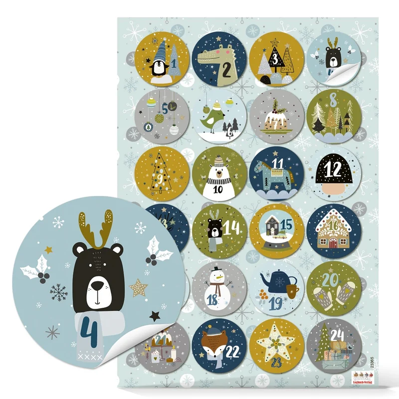 Adventskalender Zahlen Aufkleber für Kinder bunte Tiere Sticker Ø 4 cm
