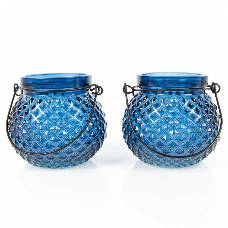 2 Windlichter aus Glas mit Henkel Kerzenhalter dunkelblau maritim 10 cm