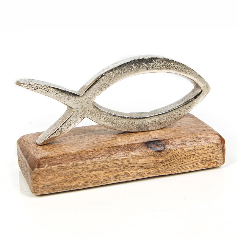 Christlicher Fisch Figur aus Metall & Holz Ichthys Symbol Kommunion 13 cm