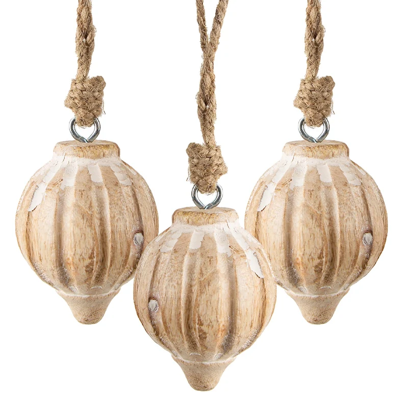 3 Holz Weihnachtskugeln Natur champagnerfarben Christbaum Anhänger 7 cm