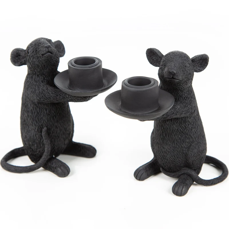 2 Mäuse Kerzenständer Schwarze Maus Kerzenhalter für Stabkerzen Tischdeko 15,5 cm