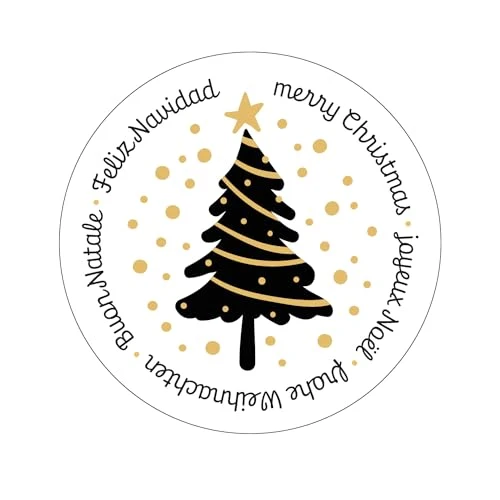 200 Weihnachtsaufkleber auf Rolle Frohe Weihnachten international schwarz gold Ø 5 cm