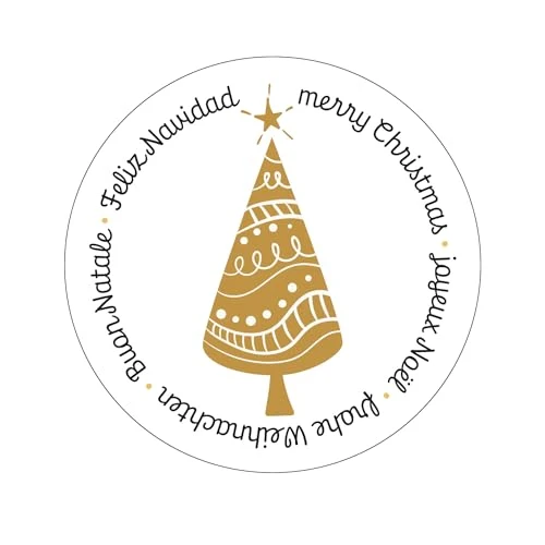 200 Weihnachtssticker auf Rolle Frohe Weihnachten international Baum gold weiß Ø 5 cm