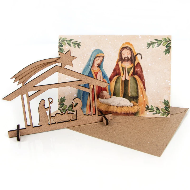 3 kleine Krippen aus Holz mit Weihnachtskarte + Umschlag Weihnachtskrippe DIN A6