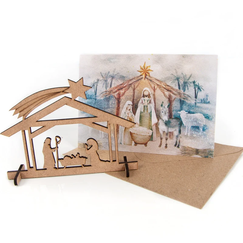 3 Weihnachtskarten mit Kuvert + Weihnachtskrippe aus Holz Weihnachten Karte DIN A6
