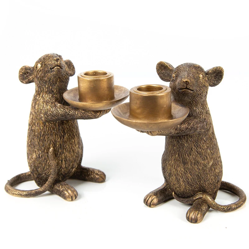 2 Mäuse Kerzenständer Gold für Stabkerzen Weihnachten extravagant 15,5 cm