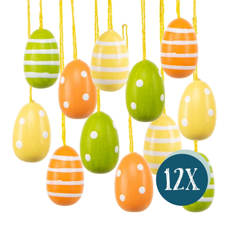 Nostalgie 12 kleine Ostereier Retro grün orange gelb aus Holz Eier zum Aufhängen 3 cm