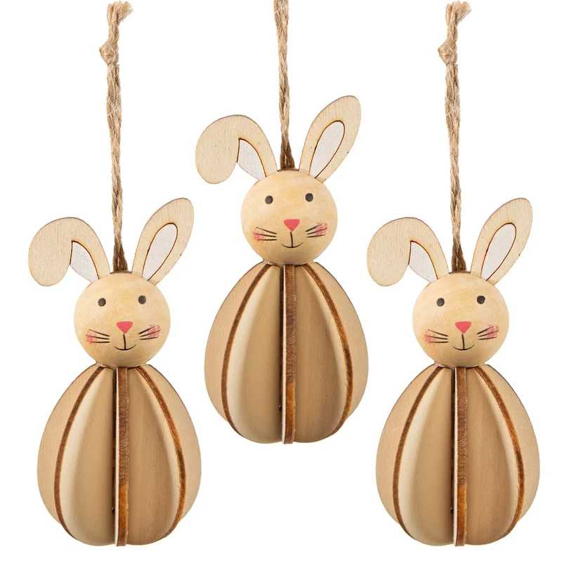 3 Osterhasen Holz Anhänger 10 cm Natur Osterdekoration Holzanhänger Hase braun