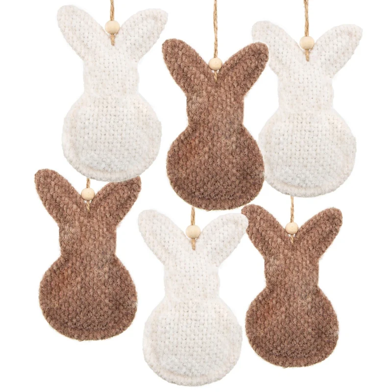 6 Osterhasen Anhänger Stoffhasen Dekoration Hase weiß braun mit Bommel 12 cm